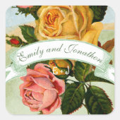 ピンクグリーンとイエローフローラバラ結婚ズシール スクエアシール (正面)