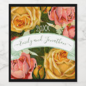 ピンクグリーンとイエローフローラバラ結婚ズシール ワインラベル (シングルラベル)