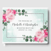 ピンクグリーンとシルバーウォーターの色のフローラ結婚ズ ゲストブック (正面)