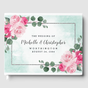 ピンクグリーンとシルバーウォーターの色のフローラ結婚ズ ゲストブック
