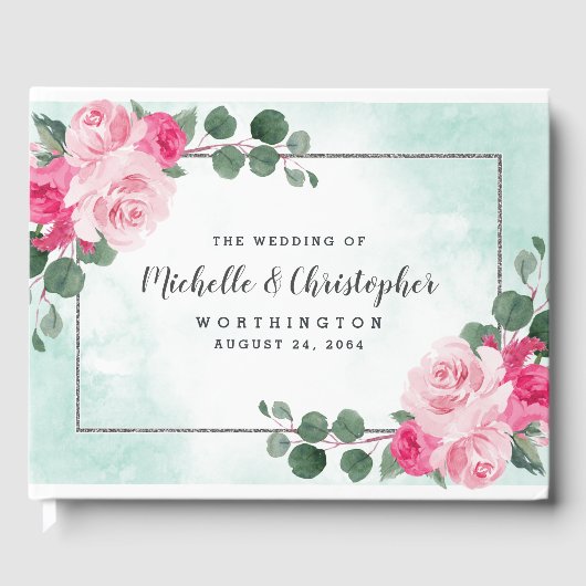 ピンクグリーンとシルバーウォーターの色のフローラ結婚ズ ゲストブック (正面)