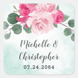 ピンクグリーンとシルバーウォーターの色のフローラ結婚ズ スクエアシール