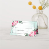 ピンクグリーンとシルバーウォーターの色のフローラ結婚ズ プレイスカード (正面)