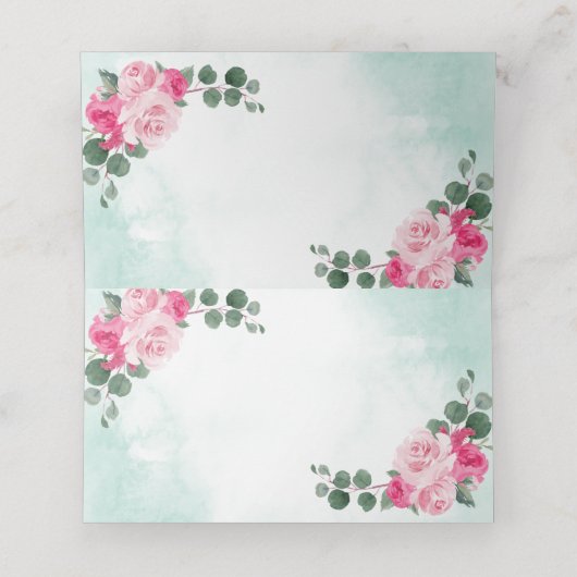 ピンクグリーンとシルバーウォーターの色のフローラ結婚ズ プレイスカード (内部開封)