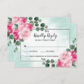 ピンクグリーンとシルバーウォーターの色のフローラ結婚ズ 出欠カード (正面/裏面)