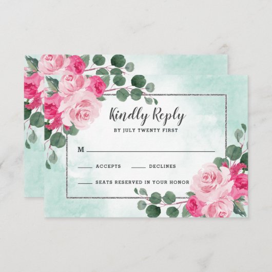 ピンクグリーンとシルバーウォーターの色のフローラ結婚ズ 出欠カード (正面/裏面)