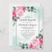 ピンクグリーンとシルバーウォーターの色のフローラ結婚ズ 招待状 (正面)