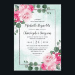 ピンクグリーンとシルバーウォーターの色のフローラ結婚ズ 招待状<br><div class="desc">デザインは水色フローラの牡丹とバラの要素をピンク色の色合いで銀灰色のグリッターの上にユーカリフェイクの緑と縁どする。デザインは、ミントまたは薄緑の色合いで水色のスプラッシュを備えている。</div>