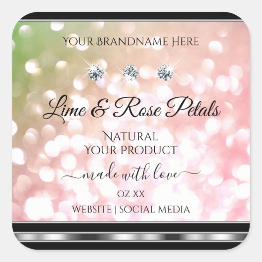 ピンクグリーンのグリッター製品ラベル ダイヤモンド シルバー スクエアシール (正面)