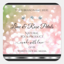 ピンクグリーンのグリッター製品ラベル ダイヤモンド シルバー