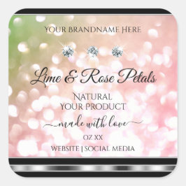 ピンクグリーンのグリッター製品ラベル ダイヤモンド シルバー スクエアシール