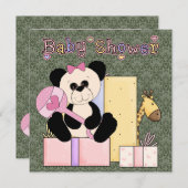 ピンクグリーンのダマスク テディベア 赤ちゃん女の子 シャワー 招待状 (正面/裏面)