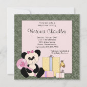 ピンクグリーンのダマスク テディベア 赤ちゃん女の子 シャワー 招待状 (裏面)