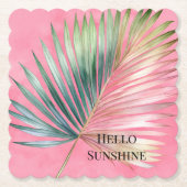 ピンクグリーンのトロピカルリーフ ペーパーコースター (正面)