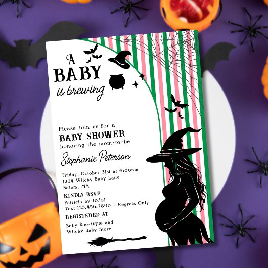 ピンクグリーンのハロウィンベビーシャワー A Baby is Brewing 招待状
