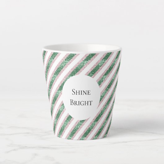 ピンクグリーンのラメ入りストライプ クリスマス カフェラテマグ (正面)