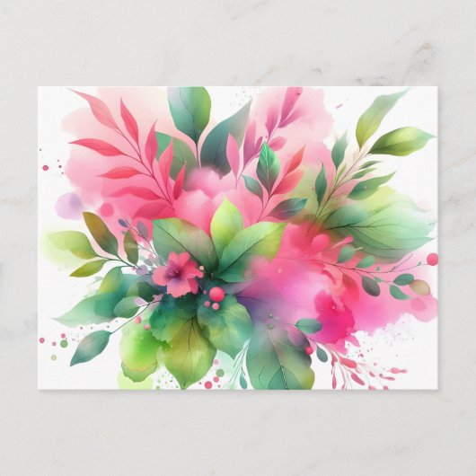 ピンクグリーンの水彩植物画の花 案内ポストカード (正面)