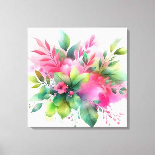 ピンクグリーンの水彩植物画 キャンバスプリント (正面)