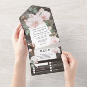 ピンクグリーンの熱帯性カントリーランエレガントの木材 オールインワン招待状 (貼ってはがせる)