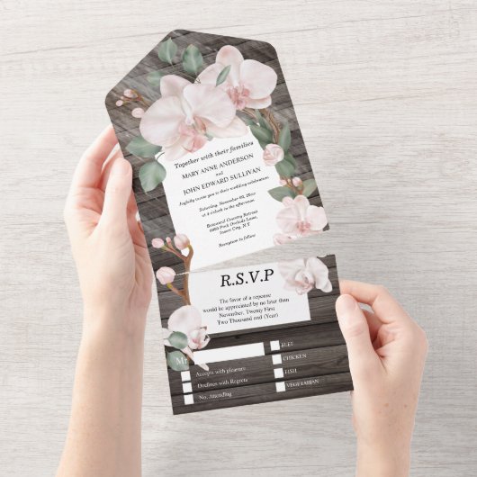 ピンクグリーンの熱帯性カントリーランエレガントの木材 オールインワン招待状 (貼ってはがせる)