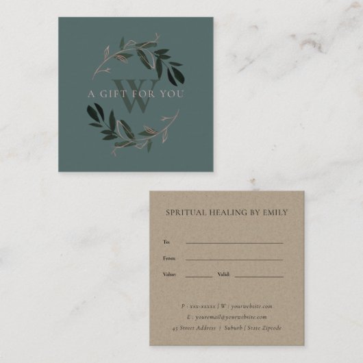 ピンクグリーンの葉イニシャルリースギフト券 スクエア名刺 (正面/裏面)