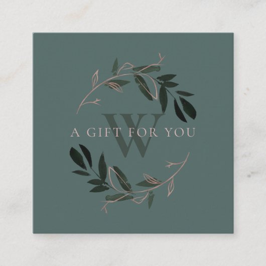 ピンクグリーンの葉イニシャルリースギフト券 スクエア名刺 (正面)