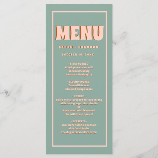 ピンクグリーンはっきりしたGroovyタイポグラフィ結婚のメニュー メニュー (正面)