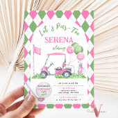 ピンクグリーンアーガイルゴルフ誕生日パルティー招待状 招待状