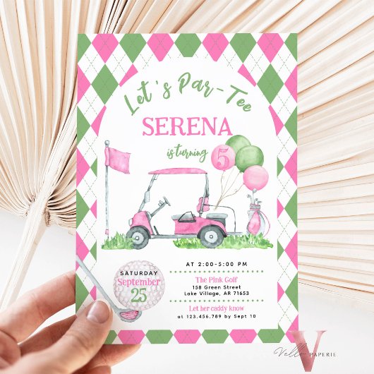 ピンクグリーンアーガイルゴルフ誕生日パルティー招待状 招待状
