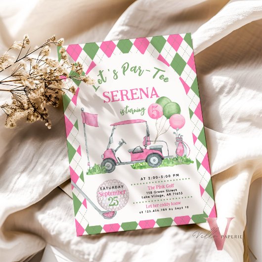 ピンクグリーンアーガイルゴルフ誕生日パルティー招待状 招待状