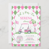 ピンクグリーンアーガイルゴルフ誕生日パルティー招待状 招待状 (正面)