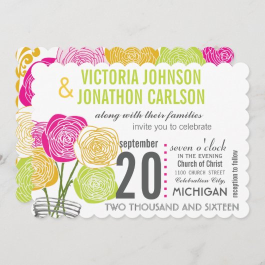 ピンクグリーンイエローフォトフローラModernTypography 招待状 (正面/裏面)