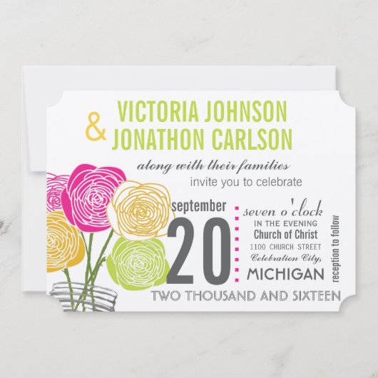 ピンクグリーンイエローフォトフローラModernTypography 招待状 (正面)