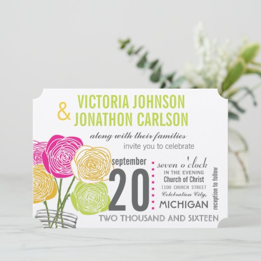 ピンクグリーンイエローフォトフローラModernTypography 招待状 (スタンド正面)