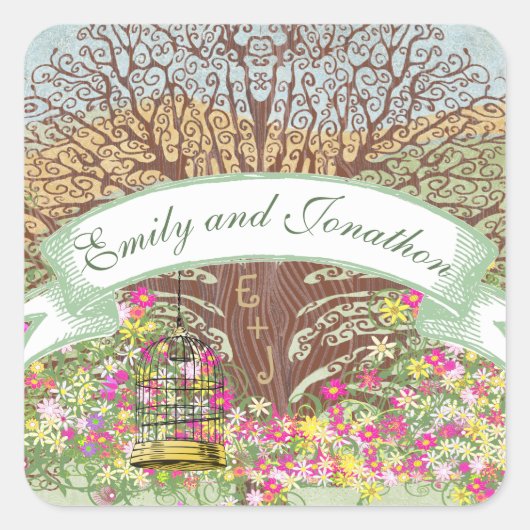 ピンクグリーンイエローフローラブラウンオーク結婚の木 スクエアシール (正面)