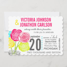 ピンクグリーンイエローメイソンジャーフローラタイポグラフィ 招待状