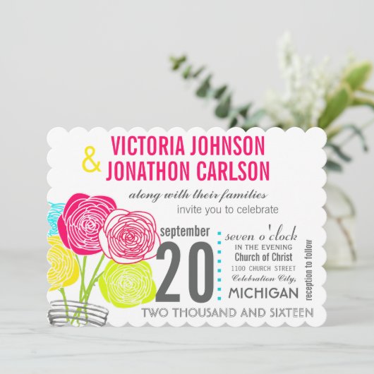 ピンクグリーンイエローメイソンジャーフローラタイポグラフィ 招待状 (スタンド正面)