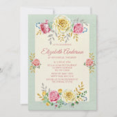 ピンクグリーンイエローローズ金ゴールドシルバーブライダルシャワー 招待状 (正面)