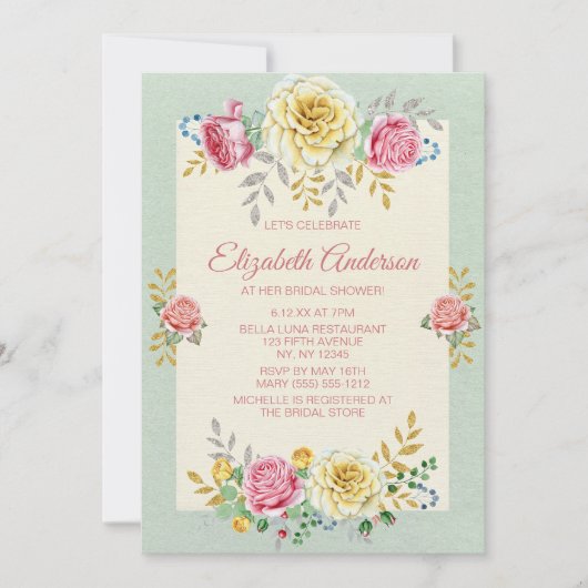 ピンクグリーンイエローローズ金ゴールドシルバーブライダルシャワー 招待状 (正面)