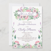 ピンクグリーンウォーター色フローラガールベビーシャワー 招待状 (正面)
