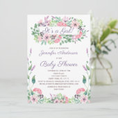 ピンクグリーンウォーター色フローラガールベビーシャワー 招待状 (スタンド正面)
