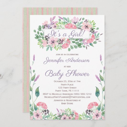 ピンクグリーンウォーター色フローラガールベビーシャワー 招待状 (正面/裏面)