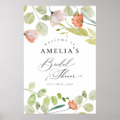 ピンクグリーンウォーター色フローラブライダルシャワーへようこそ ポスター (正面)