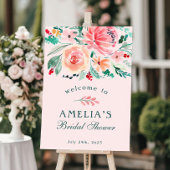 ピンクグリーンウォーター色フローラブライダルシャワーへようこそ ポスター