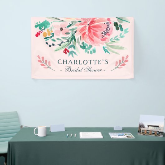 ピンクグリーンウォーター色フローラブライダルシャワーへようこそ 横断幕 (トレードショー)