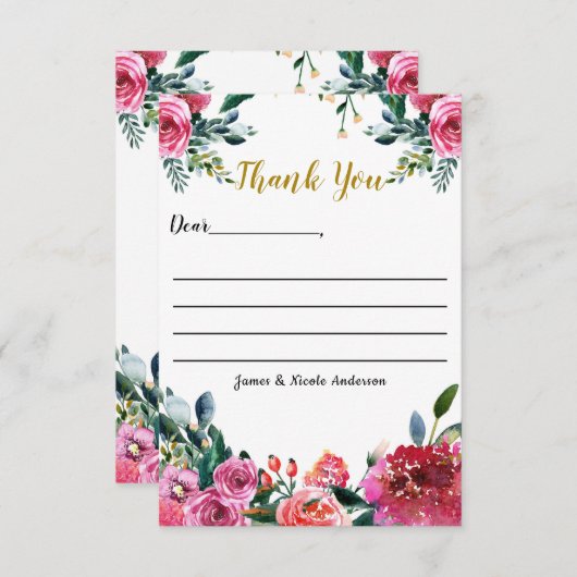 ピンクグリーンウォーター色ヴィンテージフローラありがとう サンキューカード (正面/裏面)