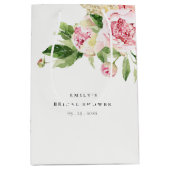 ピンクグリーンエレガント牡丹フローラブライダルシャワー ミディアムペーパーバッグ (正面)