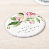 ピンクグリーンエレガント牡丹フローラブライダルシャワー ラウンドペーパーコースター (アングル)