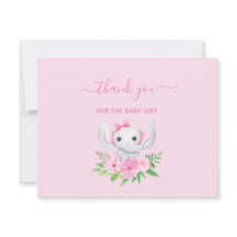 ピンクグリーンエレファントフラワーズベビーサンキューカード