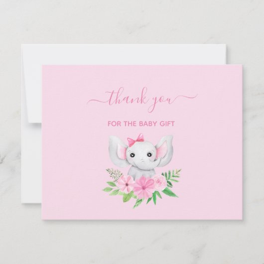 ピンクグリーンエレファントフラワーズベビーサンキューカード ノートカード (正面)